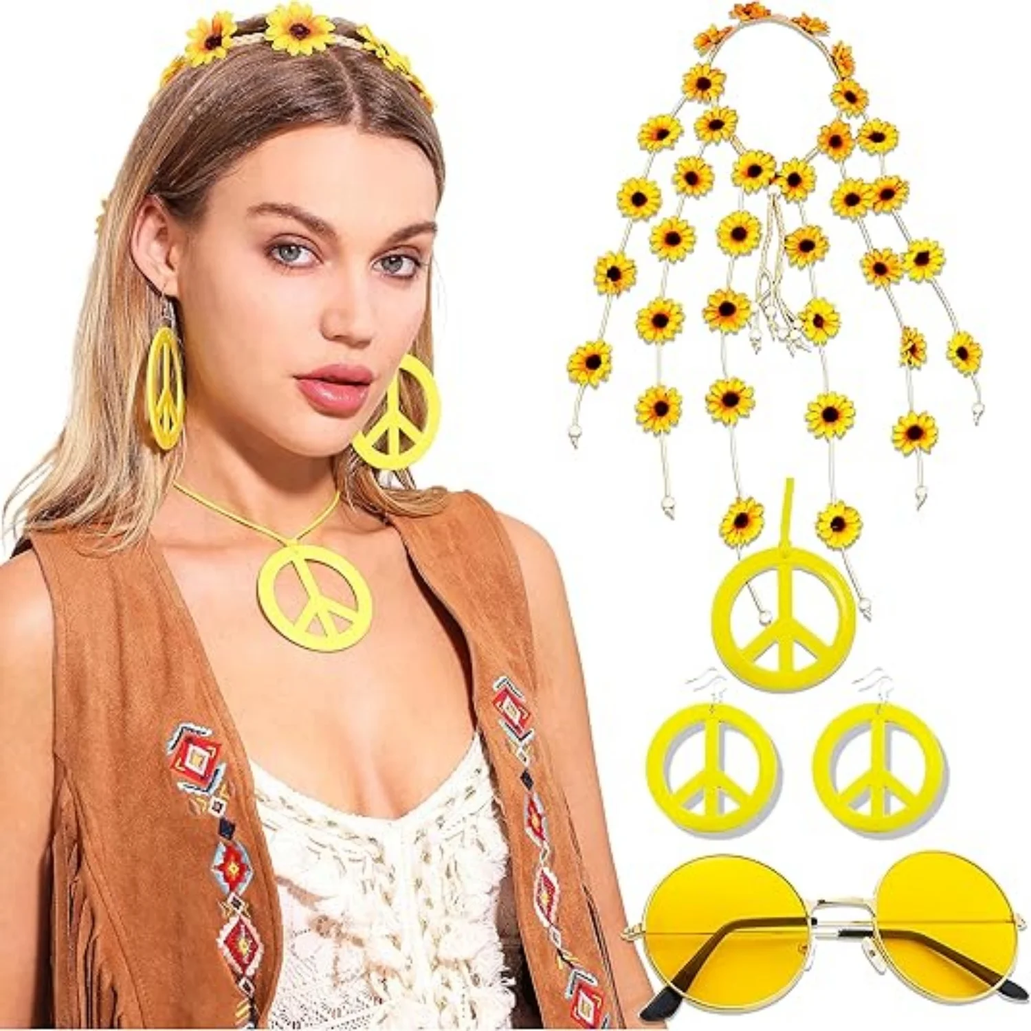 Laventy Hippie Costume Accessories Sunglasses Peace Sign Necklace Boho Retro Daisy Headband 60s 70s Hippie Accessorie