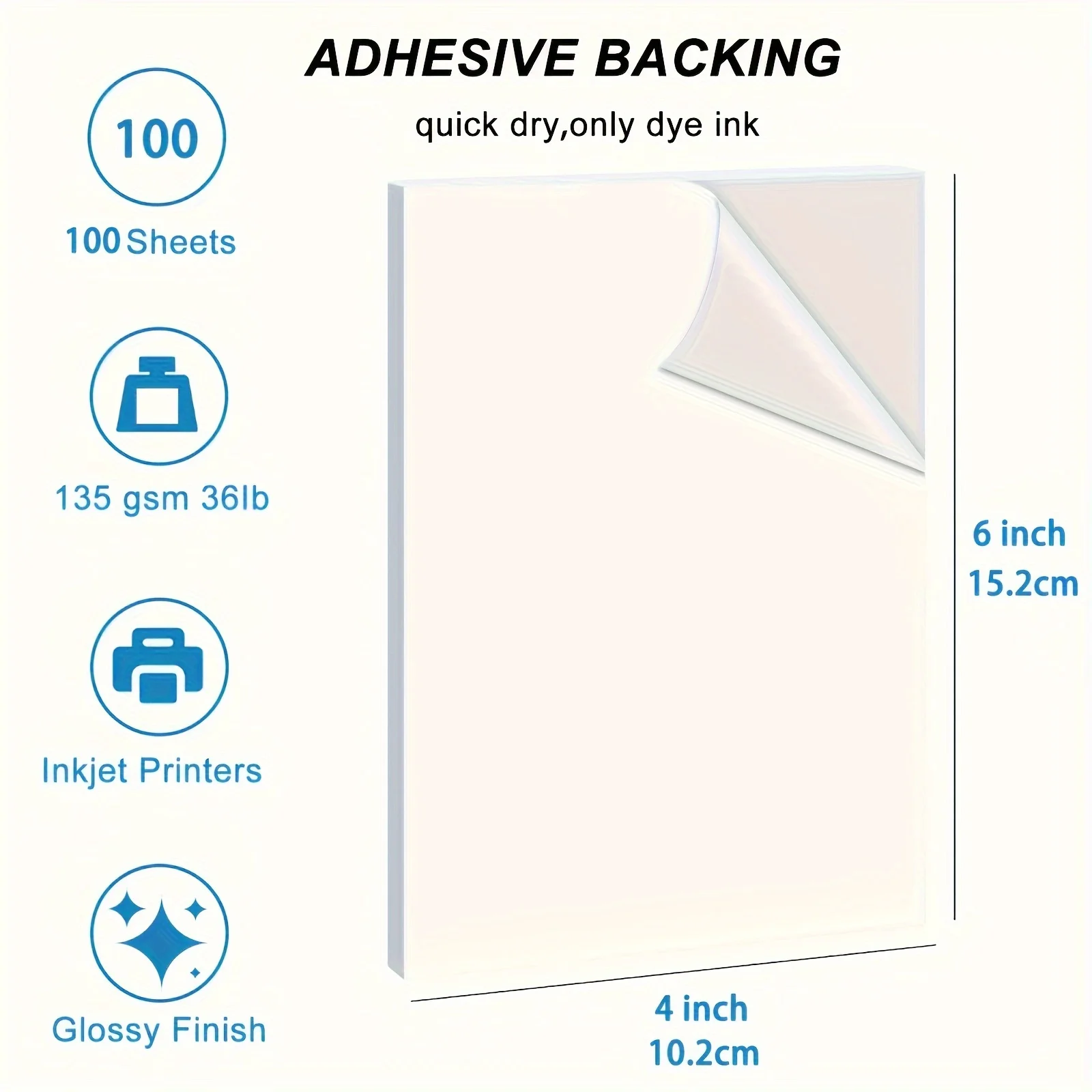 4×6inch Size Self-Adhesive Glossy Sticker Paper for Inkjet Printer 100 Sheets 135G Photo Paper