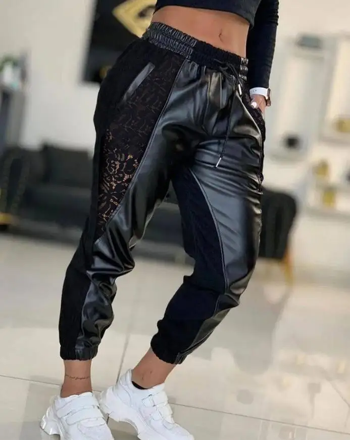 Women's Pants 2024 Spring Fashion Contrast Pu Lace Insert Drawstring Pocket Design High Waist Casual Plain Daily Cuffed Pants