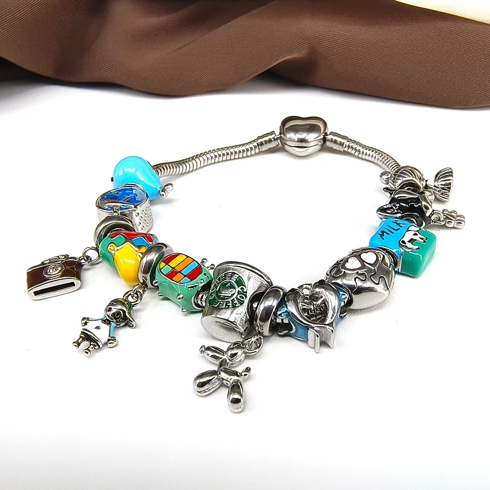 Fit Original Pandoraer Bracelet Metal enamel Beads Charms Stainless Steel Heart-shape Colorful Dangle Pendants Bangle Jewelry