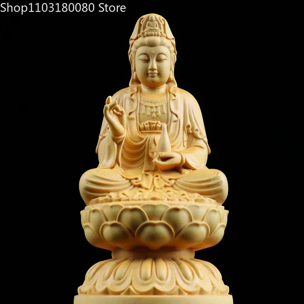 12cm Boxwood Sit lotus Guanyin wood carving Songzi Guan Yin Kwan-Yin Goddess buddha statue Clean bottle Guanyin