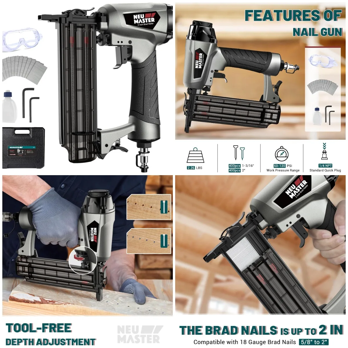 

Pneumatic Brad Nailer, 18-Gauge Nail Gun, 5/8'-2' Brad Nails, Includes Case, Glasses, 800 Nails, Air Compressor Required