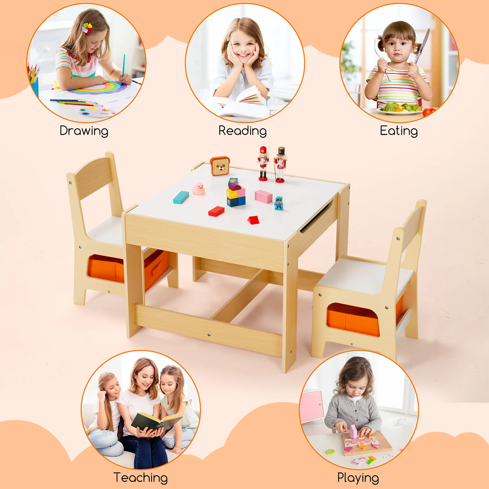 Kids Table and Chair Set with Storage, Adjustable Height Children's Activity Table for Drawing, Eating & Play - Foldable Toddler