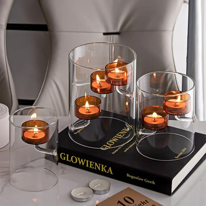 European Cylindrical Glass Candle Holder, Brown Windproof Candle Holder, Family Dinner Candle Holder, Creative Home Decoration