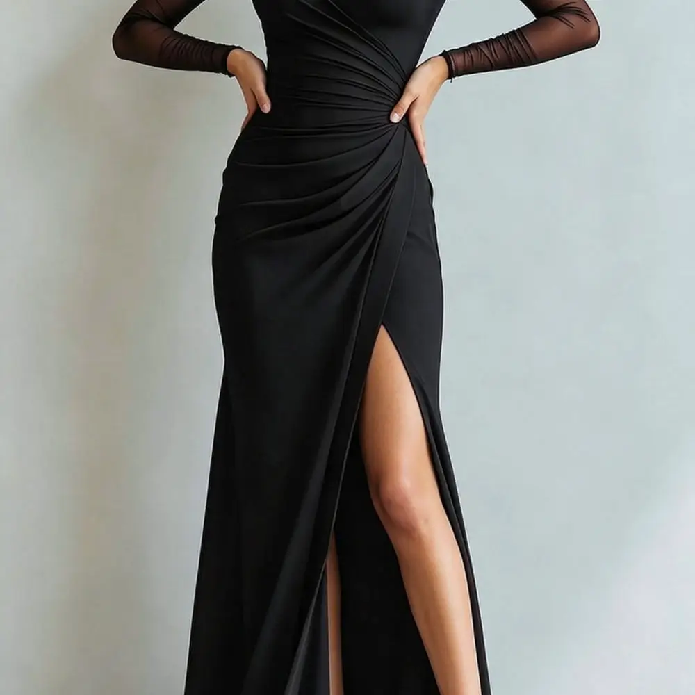 Womens Formal Evening Party Dress Long Sleeve Slim Fit Pleated Bodycon High Split Maxi Gowns Sophisticated Banquet Wear