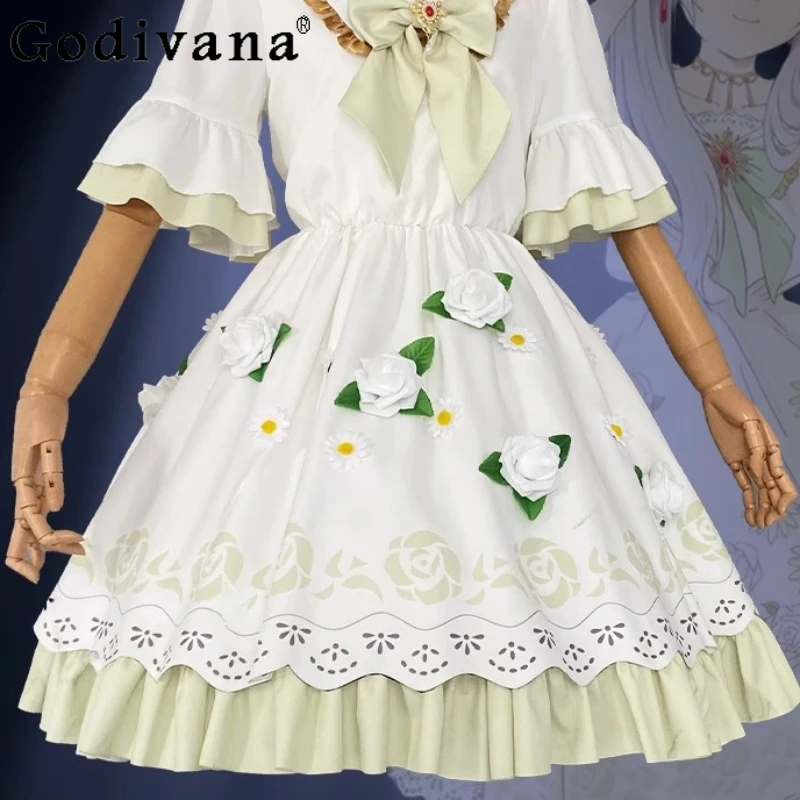 여름 게임 애니메이션 러블리 드레스 여성 할로윈 크리스마스 역할 놀이 드레스 여성 보우 칼라 꽃 달콤한 짧은 드레스