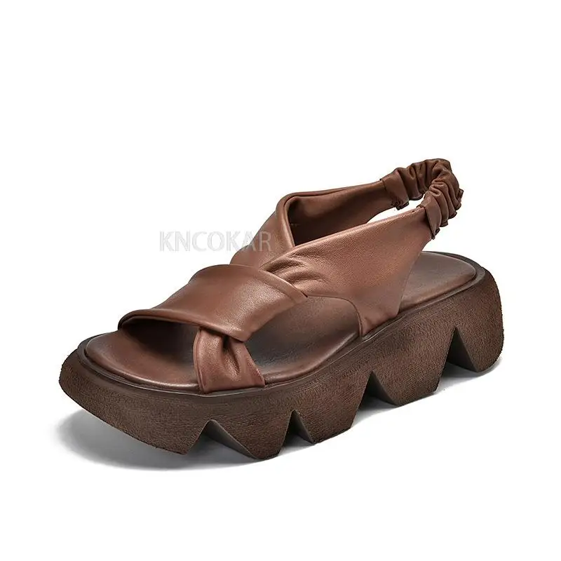 2025 summer new leather sandals women's retro sponge cake thick bottom open toe casual women's shoes back empty Roman shoes