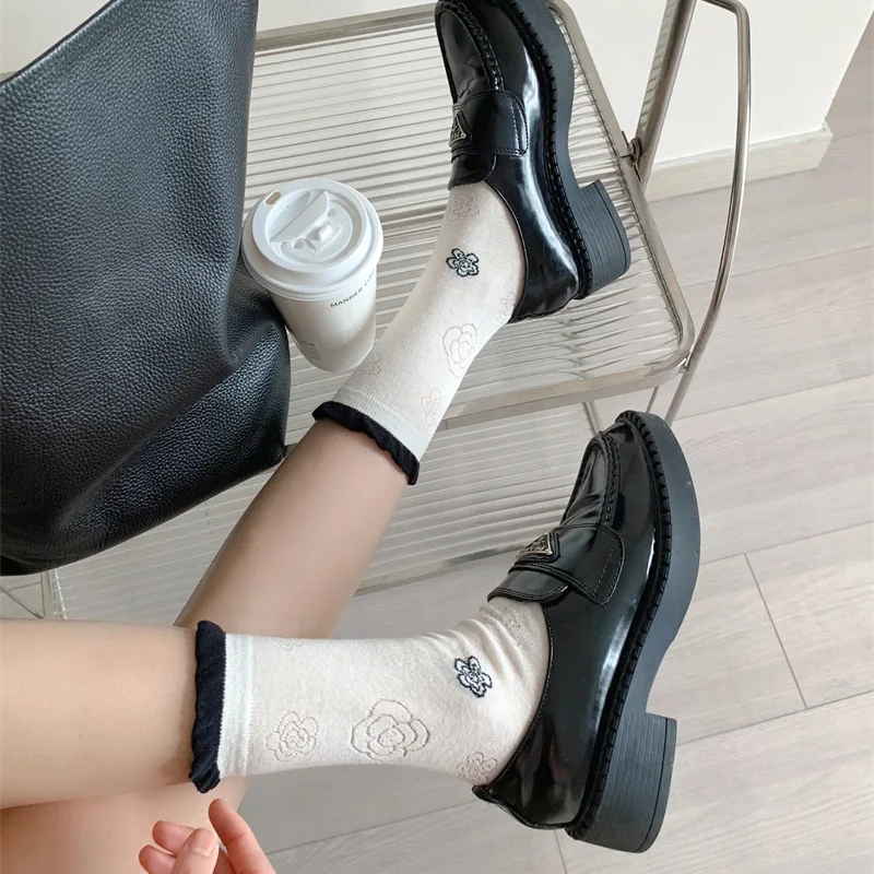 Spring Summer Harajuku Lolita Ins Trend Thin Cotton Socks With Ruffles Popular Cute Lovely Flowers Pattern Print Black White