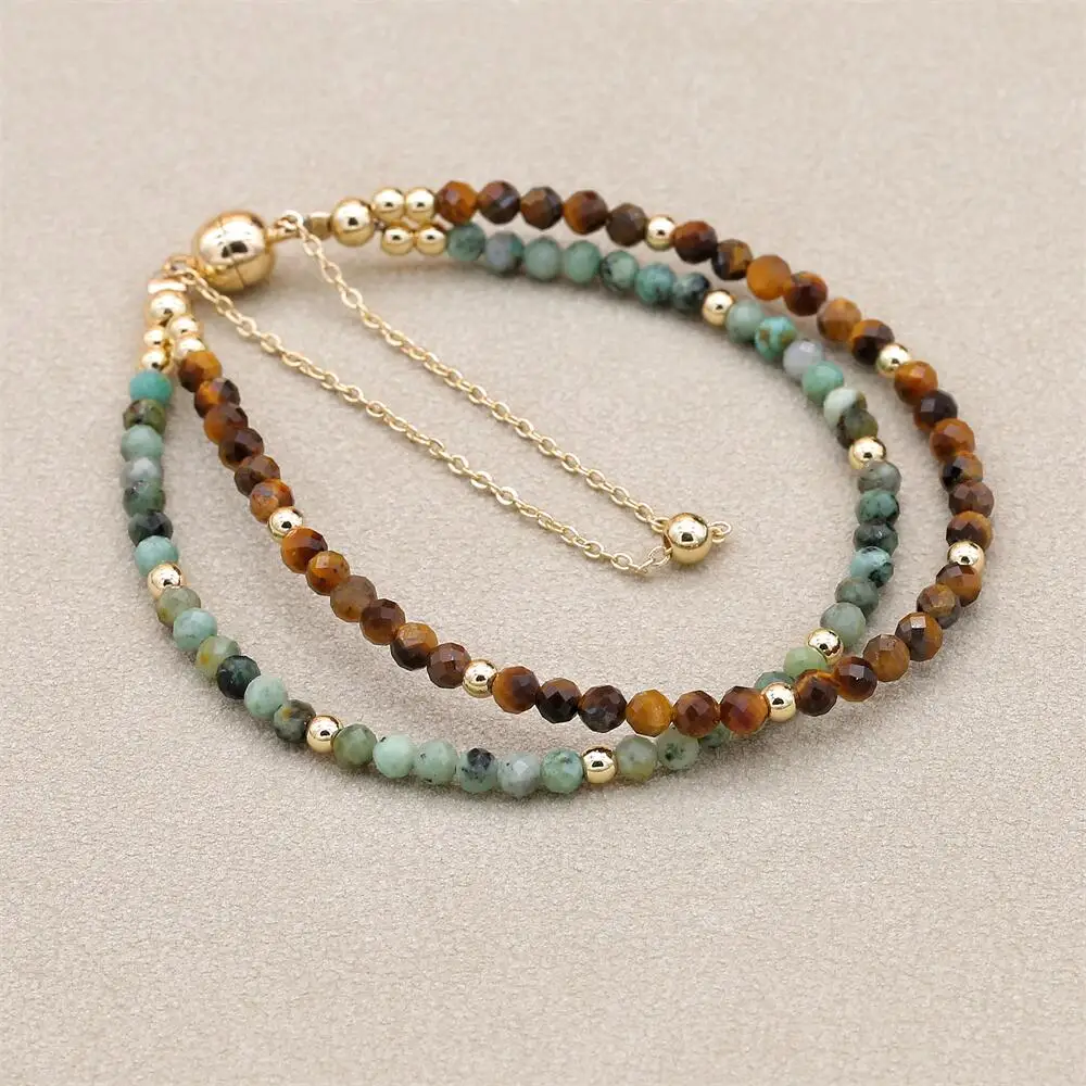 3MM Mixed Tiger Eye African Jasper Double Layered Beads Strand Bracelets Gold Plated Magnetic Charm Bracelet Women Jewelry