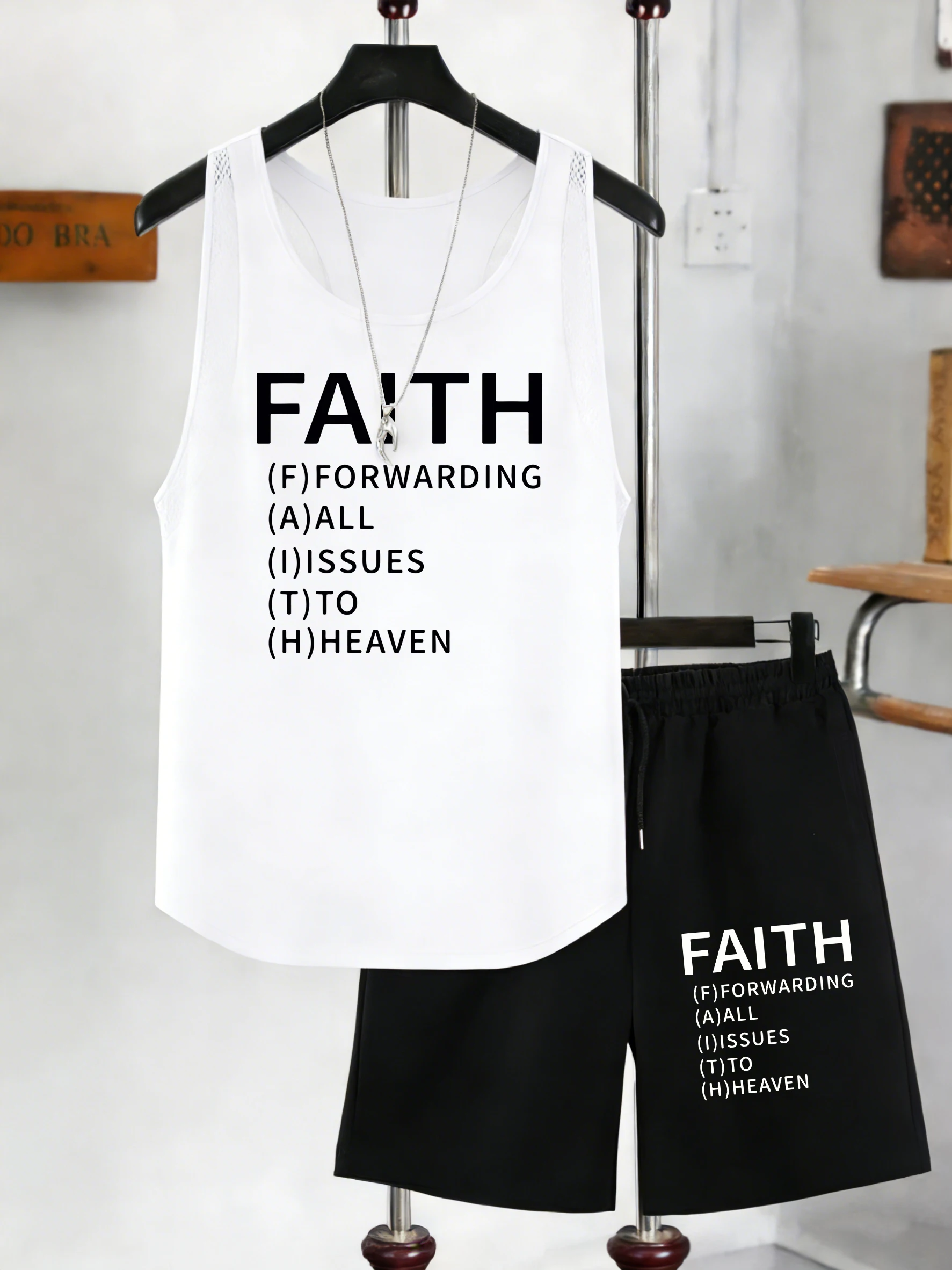 

Faith Creative Explanation Design Vest Suits Men Summer Wide-Leg Shorts Sleeveless Sportswear Fitness O-Neck Mesh Tank Tops