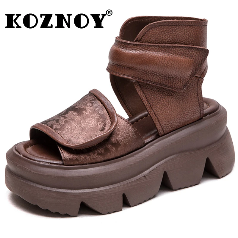 

Koznoy 4.5cm Stretch Fabric Cloth Sandals Silk Genuine Leather Women Summer Hook Peep Toe Mary Jane Platform Wedge Loafer Shoes