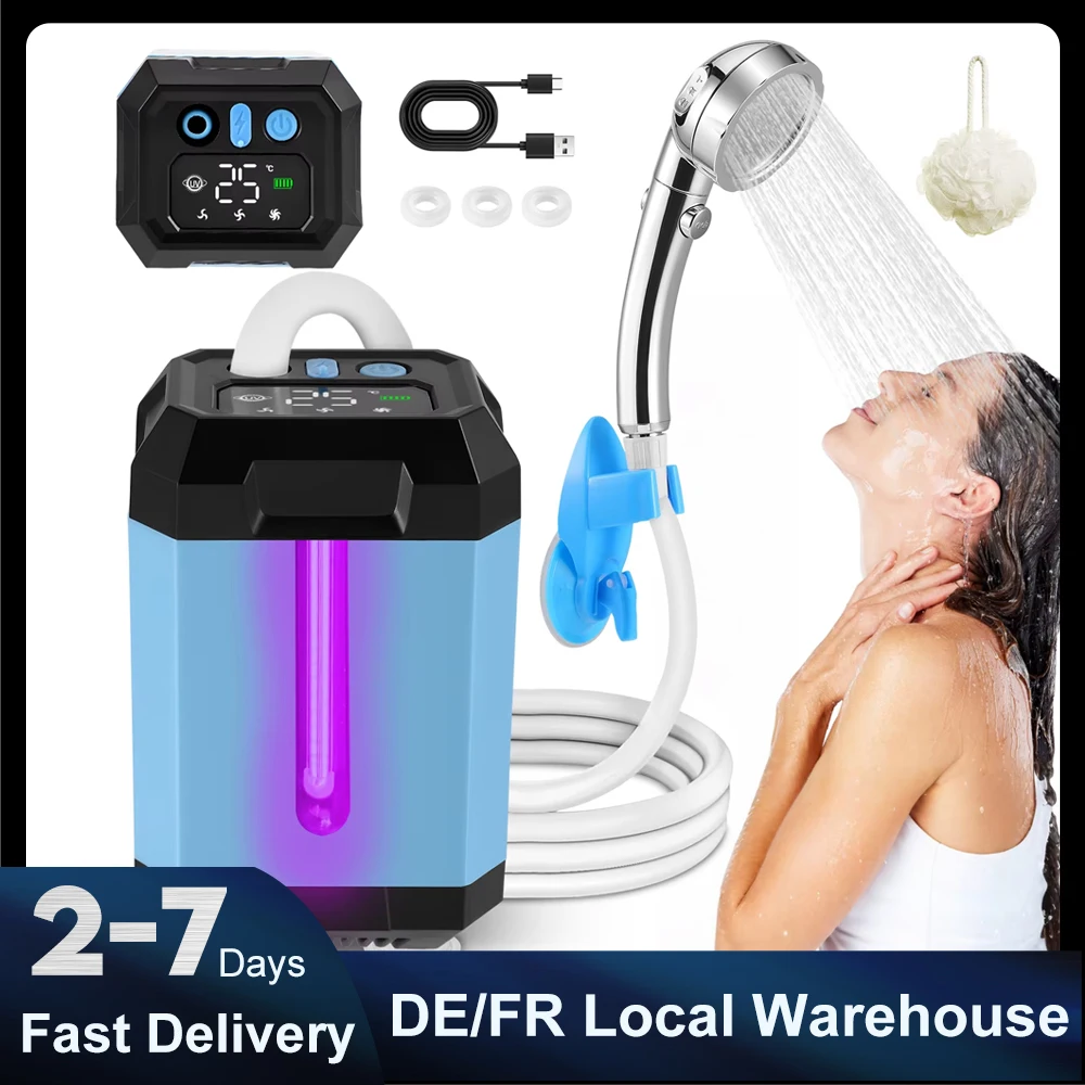 Tragbare Dusche für Outdoor-Camping mit Wiederaufladbarer 6000mAh Batterie, Temperaturanzeige für Camping, Autowäsche und Tierbäder