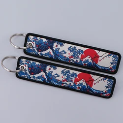 Japanese Waves Embroidery Key Fobs Art Key Tags Keychains for Motorcycles Cars Key Rings Accessories Chaveiro Key Holder Jewelry