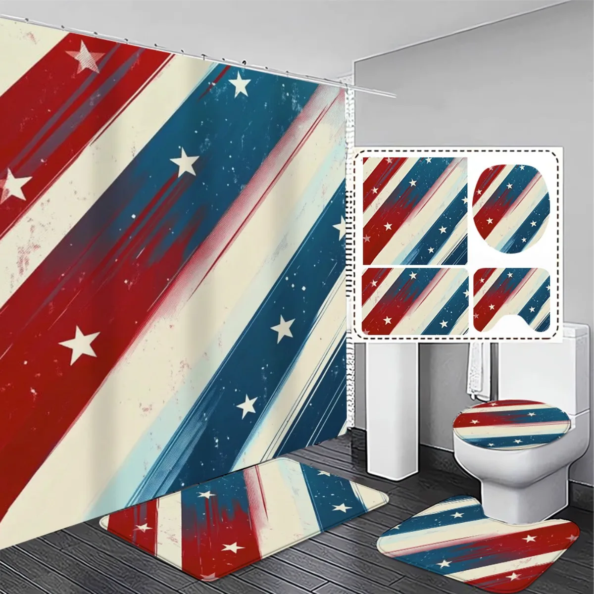 

4 шт. Многоцелевой патриотический набор занавесок для душа — тематический декор для ванной комнаты ко Дню независимости с нескользящими ковриками и высоким качеством