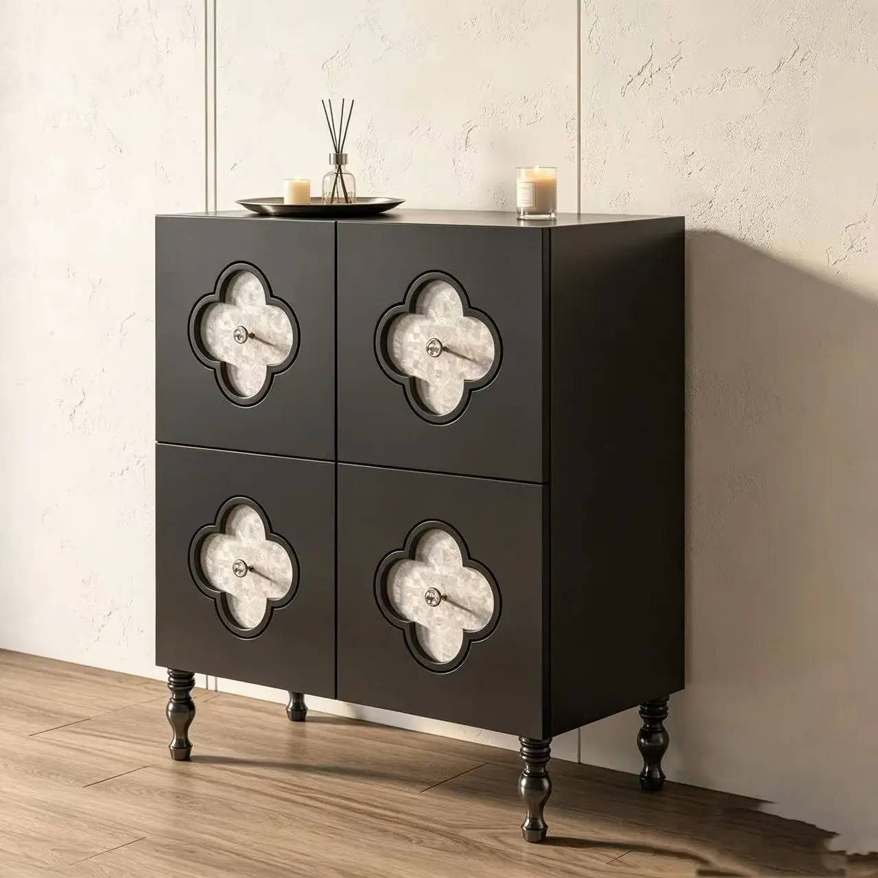 Premium Black Tall Wooden Cabinet 4-Door Quatrefoil Mother of Pearl Inlay Spindle Leg Storage Sideboard For Entryway Living Room