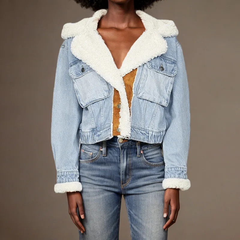 

Winter Denim Spliced Hooded Lamb Wool Jacket Women Single Breasted Warm Jacket Female Double Pocket Thick Cotton Jacket Outwears