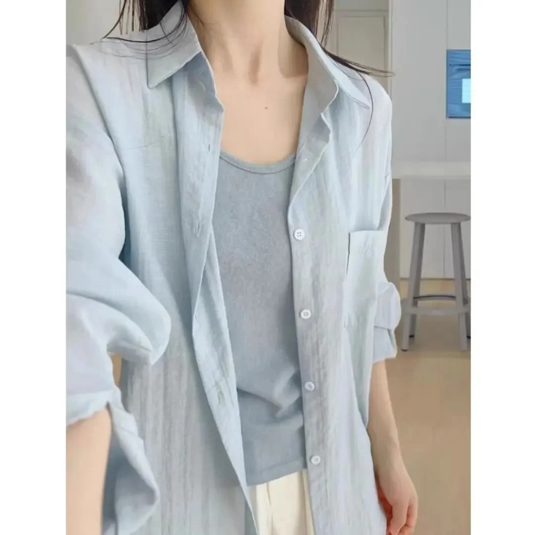 Summer Fashionable Long Sleeve Loose Lightweight Women's Sun Protection Shirt Casual Polo Top Cotton Button-Up Female Garment