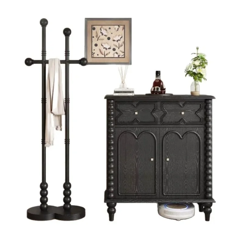 French Retro Solid Wood Shoe Cabinet Antique Black Floor to Ceiling Entryway Storage Unit Foyer Decorative Organizer