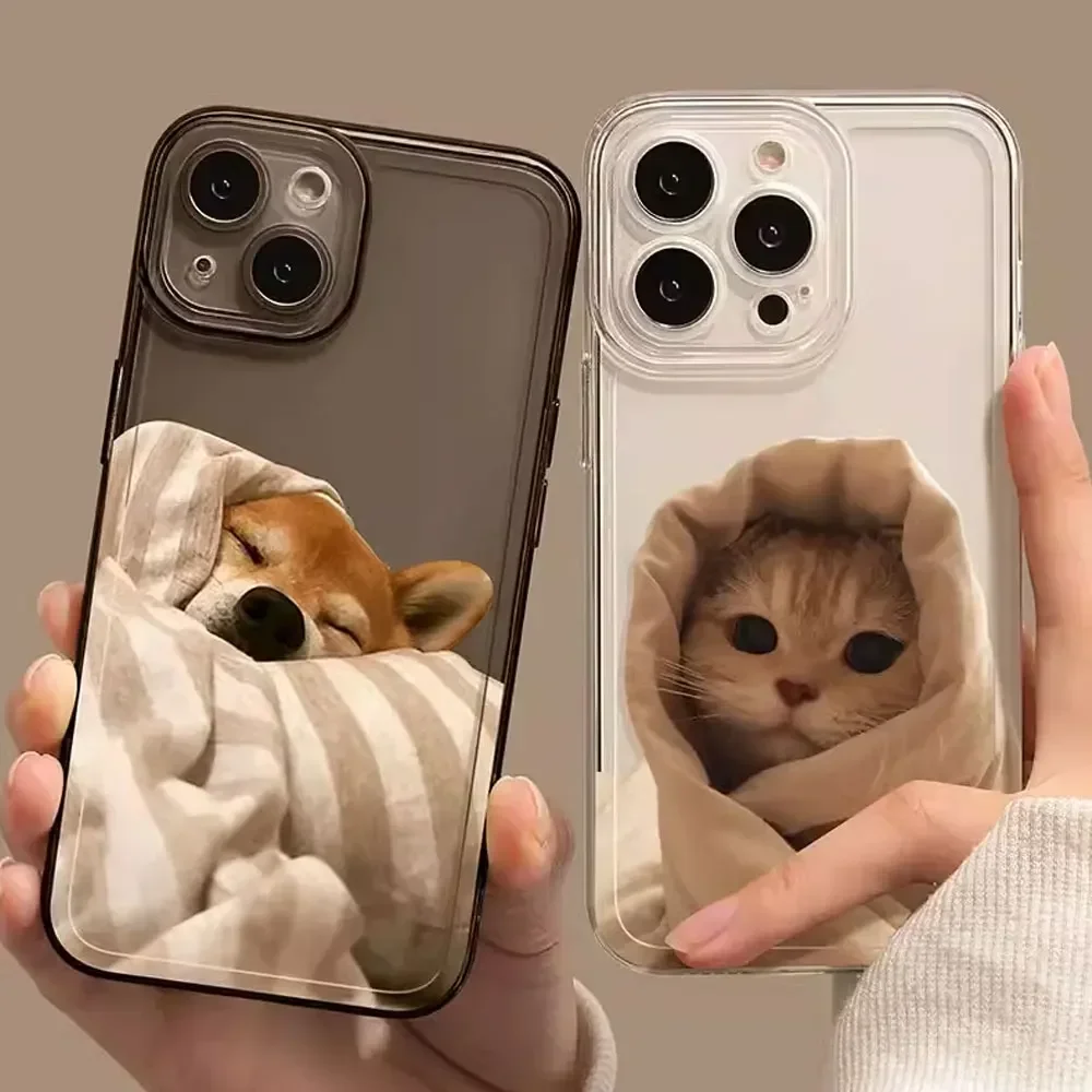 Süße Katze Hund Paar Handyhülle für iPhone 16 15 14 13 12 11 Pro Max Mini 7 8 Plus SE4 16E stoßfeste transparente Hülle Fundas