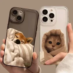 Cute Cat Dog Couple Phone Case for iPhone 16 15 14 13 12 11 Pro Max Mini 7 8 Plus SE4 16E Shockproof Transparent Shell Fundas