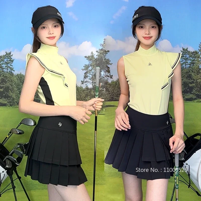 

SG Women Ruffle Fly Sleeves Shirt Summer Sleeveless Golf Top Ladies Pleated Short Skirt A-Lined Golf Skort Quick-dry Sports Wear