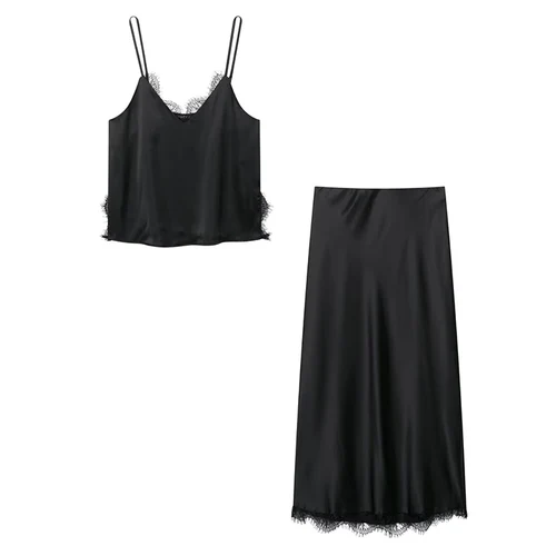 Imagen 2 del producto Faldas por debajo de la rodilla de satén de encaje, conjuntos de dos piezas para mujer, novedad de 2025, trajes elegantes con tirantes de encaje, trajes elegantes de satén para mujer de verano