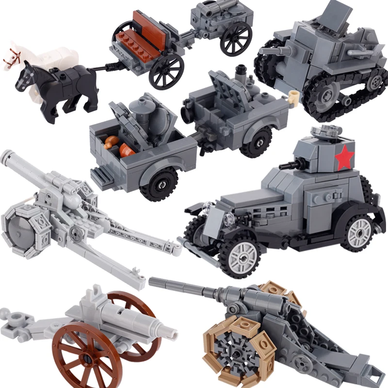 MOC WW2 Military War Army Weapon Tank Building Blocks Artillery Armored  Infantry Soviet German Cannon Soldier Figure Bricks Toy