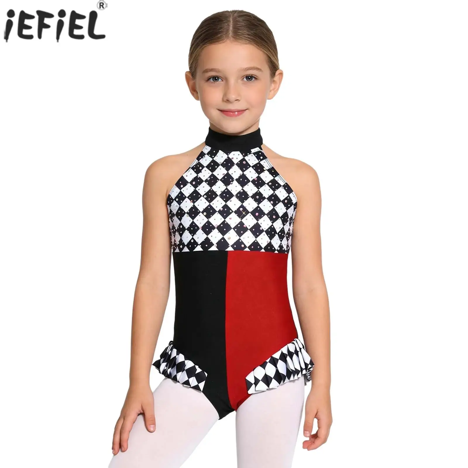 Kids Girls Circus Clown Mad Hat Costume Rhinestones Halter Sleeveless Plaid Jumpsuit Ballet Dance Skating Gymnastics Leotard