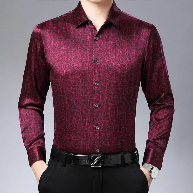 Silk Blends Lightweight Shirts For Men Long Sleeve Cracked Print Summer Coolness Quality Smart Casual Handsome Camisas De Hombre
