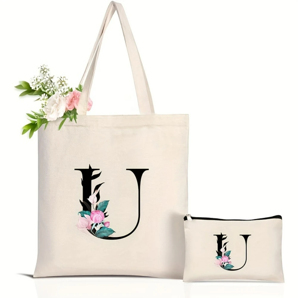 Elegante bolso de mano con alfabeto floral para mujer, bolso espacioso para ir al trabajo, bolsos de uso diario, regalo, bolso de compras ecológico reutilizable