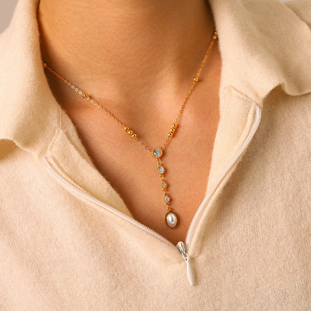 

Y-Shaped Imitation Pearl Necklace 18K Gold Plated Stainless Steel For Women Dainty Zirconia Stackable Daily Party Gift Jewelry