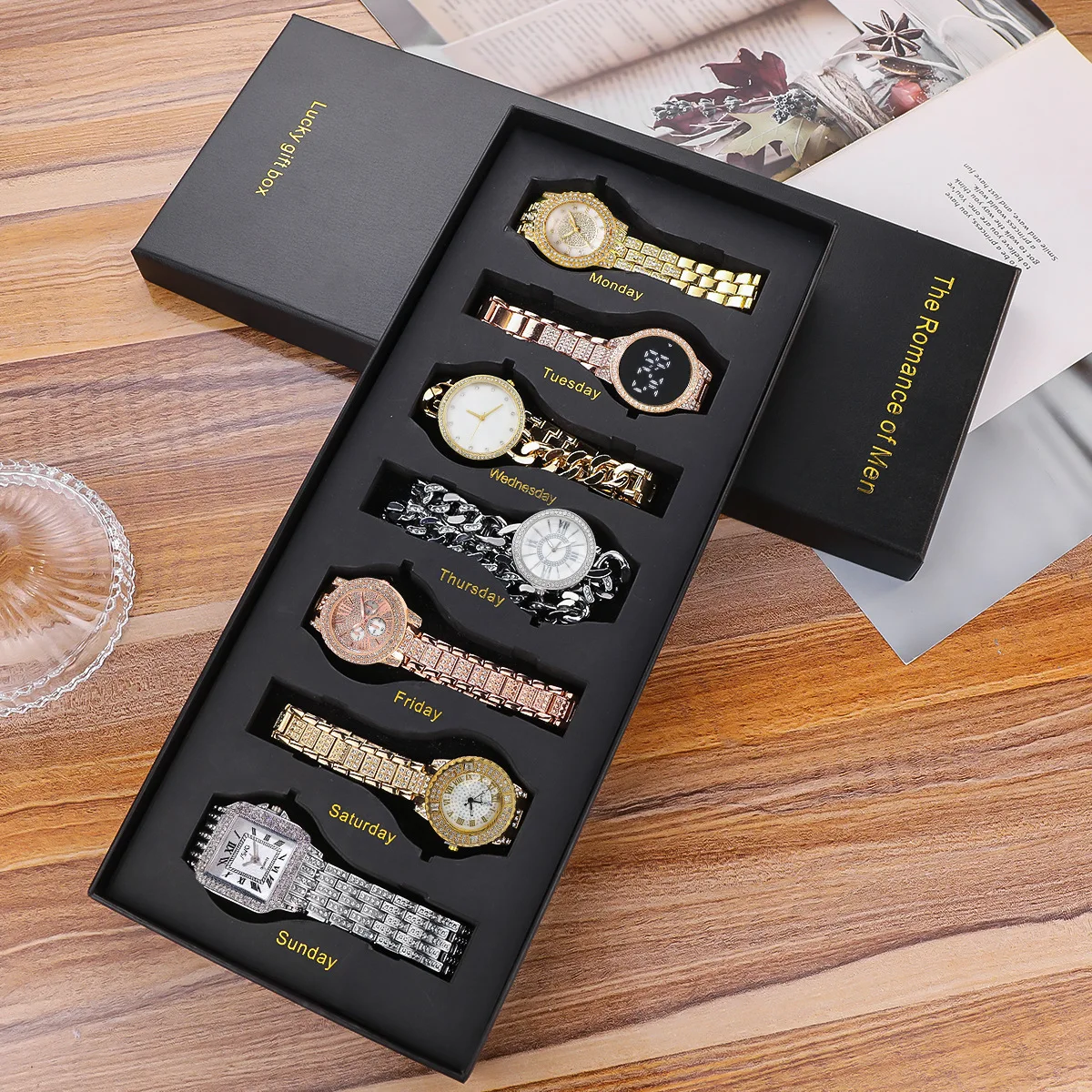 Men 7Pcs Watch Quartz Assortment Solid Color Dial Surface Brushed Metal Link Band Collectible Male Birthday Present Storage Case
