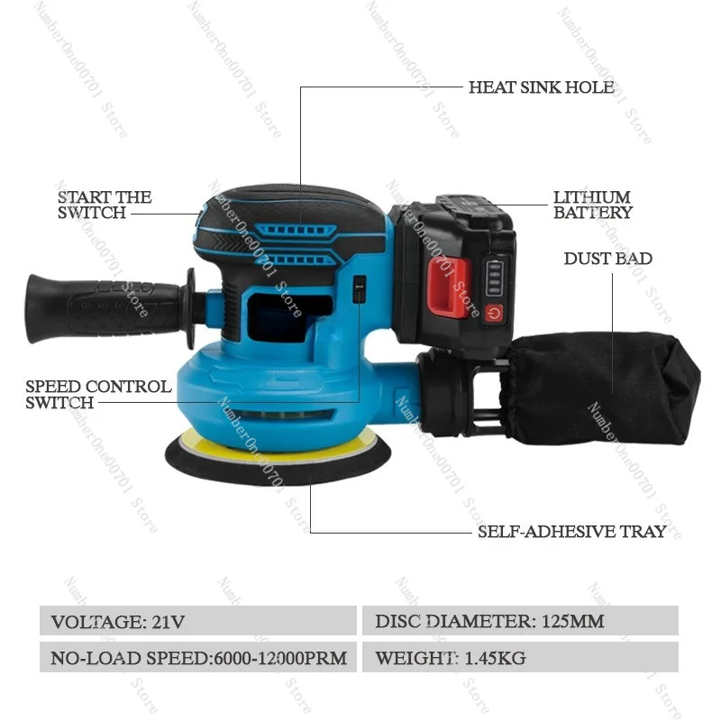 Cordless Random Orbit Sander, Lithium Battery Electric Wood Sander with Dust Bag, 5 Inch Palm Sander for Woodworking Polishing