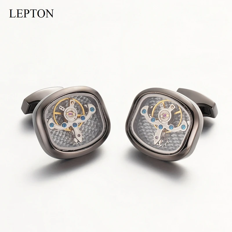Lepton Movement Tourbillon Cufflinks For Men French Shirt Button Square High quality Mechanical Watch Steampunk Gear Cufflink