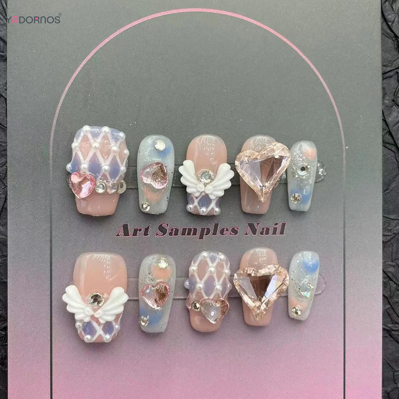 

10pcs Handmade Press On Nails Pink Short T False Nail With Glossy Rhinestone 3D Angel Wing Designs Full Cover Wearable Manicure