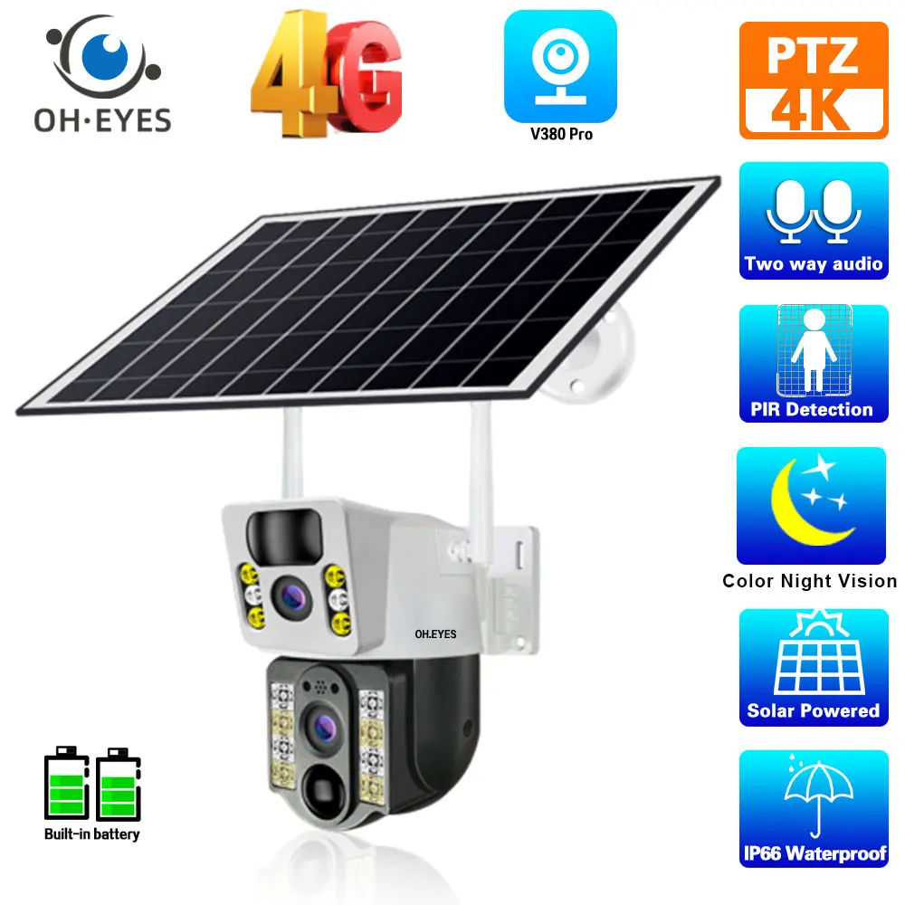 

4K 8MP 4G Dual Lens PTZ Solar Security Camera Dual Screens Human Auto Tracking Outdoor Wireless CCTV Surveillance IP Camera