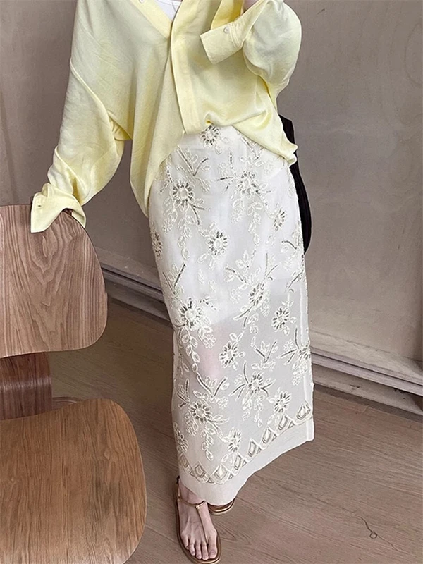 تنورة أنيقة بتصميم مفرغ ومطرز على شكل حرف A للنساء، تصميم بخصر متوسط، مناسبة للربيع والصيف، أسلوب عملي، قماش عالي الجودة