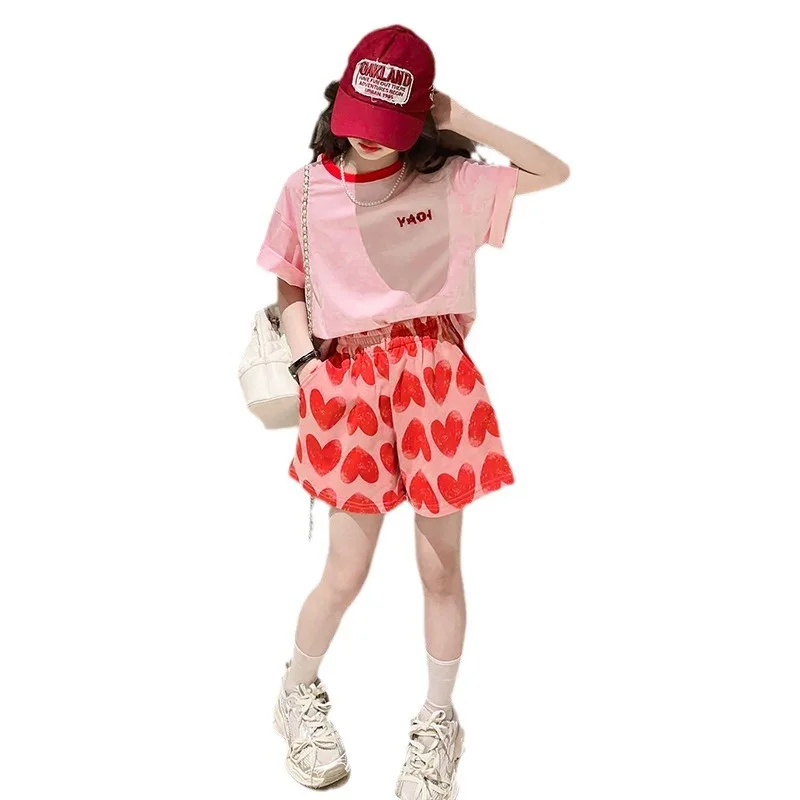 

Girls' summer short-sleeved and shorts sportswear set, fashionable and trendy summer children's Korean-style casual wear
