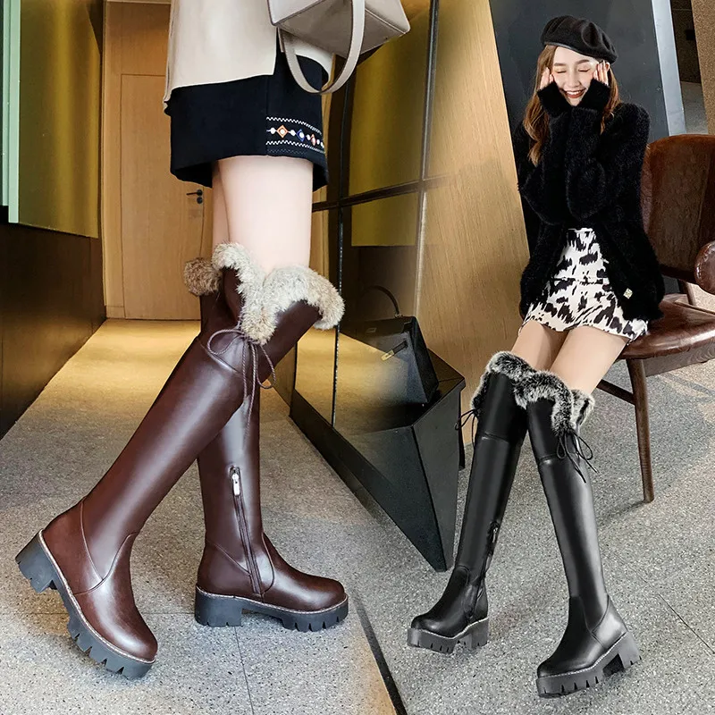 YMECHIC 2025 Autumn Winter Thigh High Boots Fur Warm Back Cross-tied Over The Knee Botas Party Long Women Shoes Plus Size 34-43