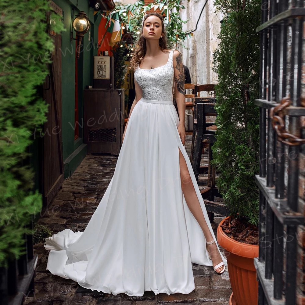 Moderno colletto quadrato una linea abiti da sposa da donna semplici abiti da sposa in Chiffon Sexy senza maniche laterale alta divisa Vestido De Noivas