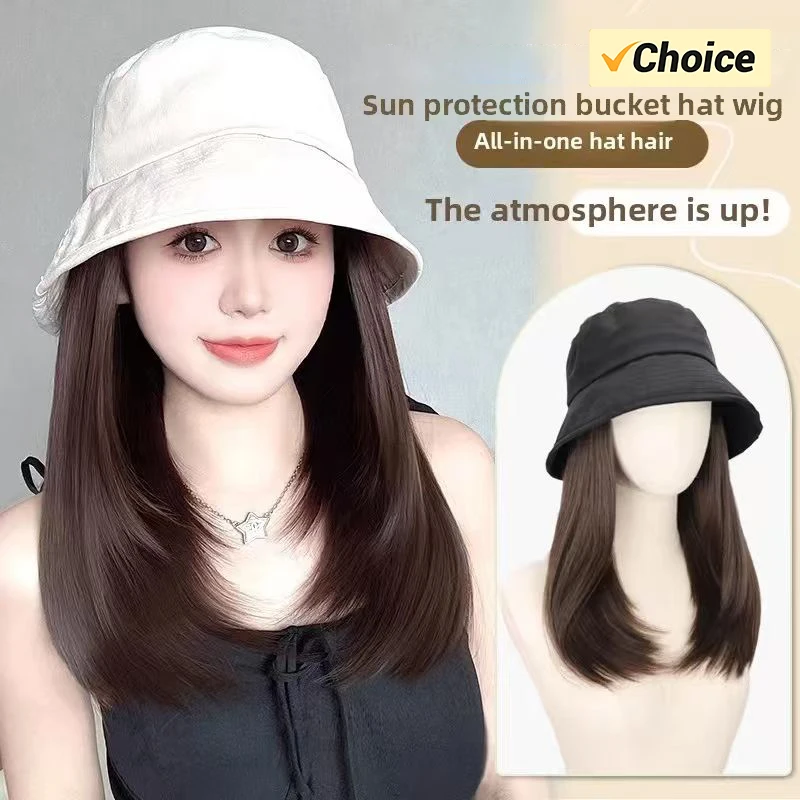 Hat Wig One-Piece Female Natural Fashion Sun-Proof Sun-Proof Bucket Hat Straight Hair Synthetic Wig Full-Head  wigs for women