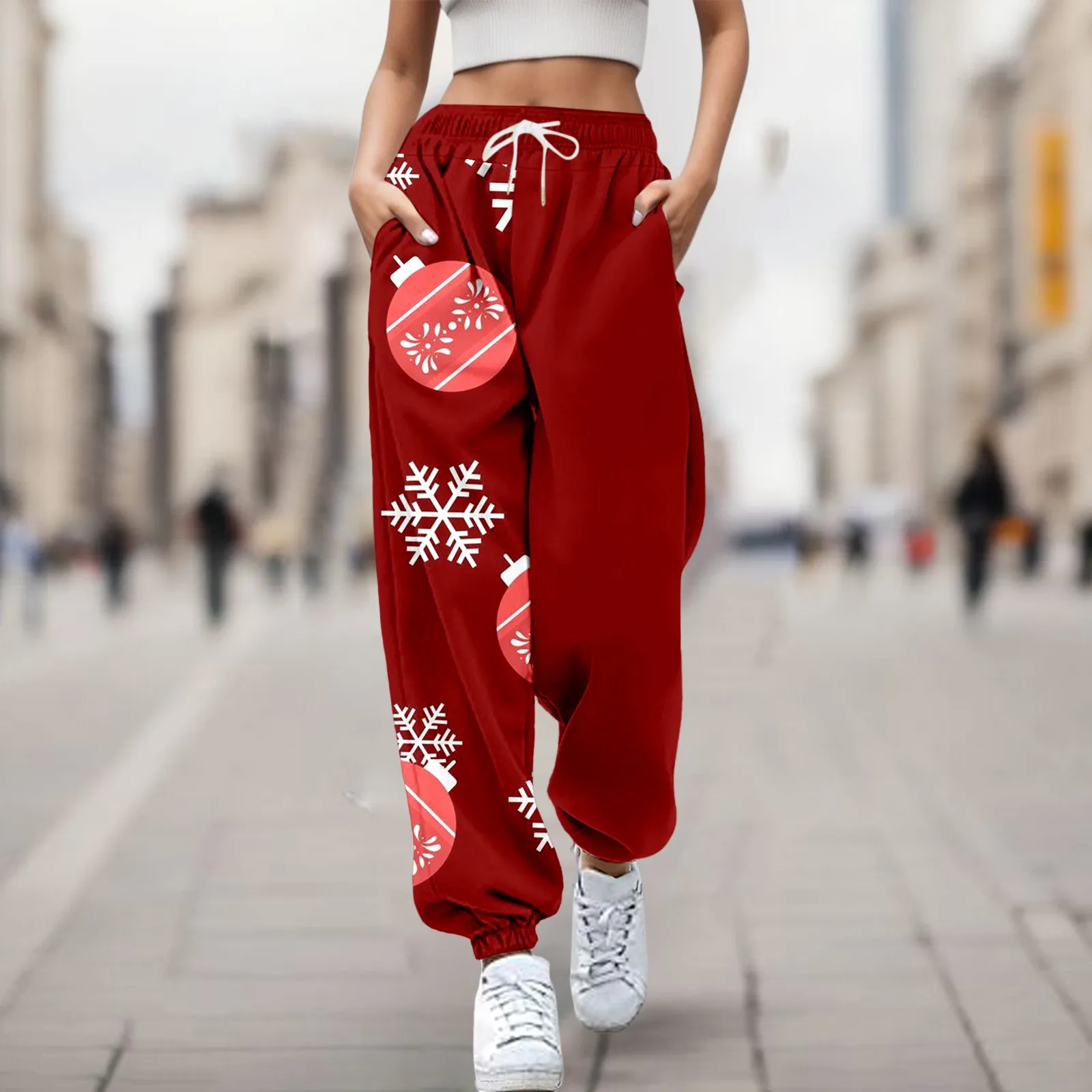 

Women Fashion Trousers Snowflake Merry Christmas Patchwork Print Sweatpants Pockets High Waist Sporty Gym Athletic Jogger Pants