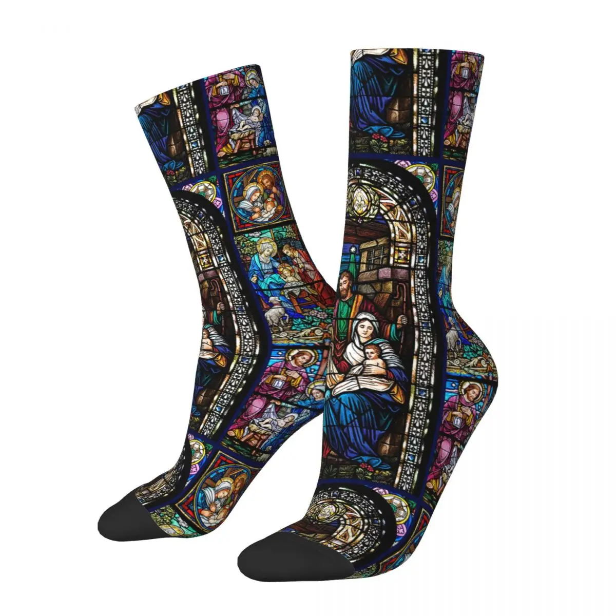 Crazy Design Jesus Virgin Mary Soccer Socks Christian God Bless Polyester Middle Tube Socks for Unisex Sweat Absorbing