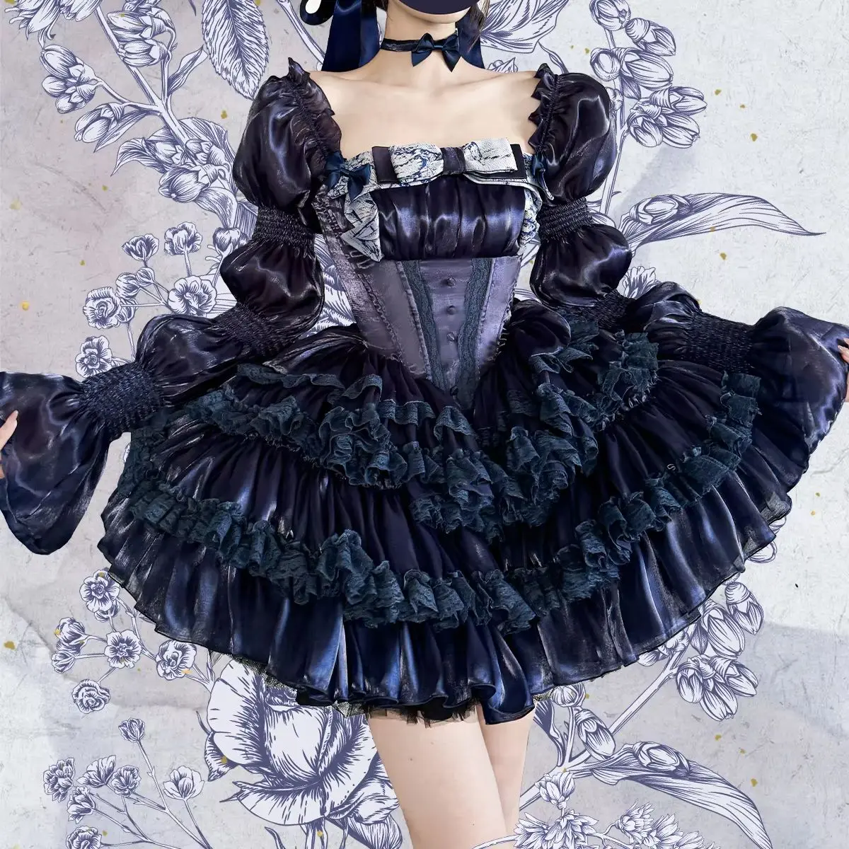 Originele hoge kwaliteit kat oor boog hoofdband Lolita jurk sets sexy off-shoulder elegante hoge taille prinses jurk datumfoto's