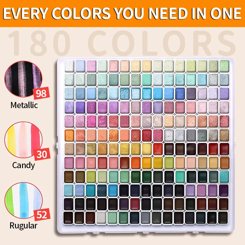 185pcs Pearl Shimmer Watercolor Paint Set–100 Colors with 5pcs Detail Brushes,Metallic Shifting Solid Paint Kit for Sketching