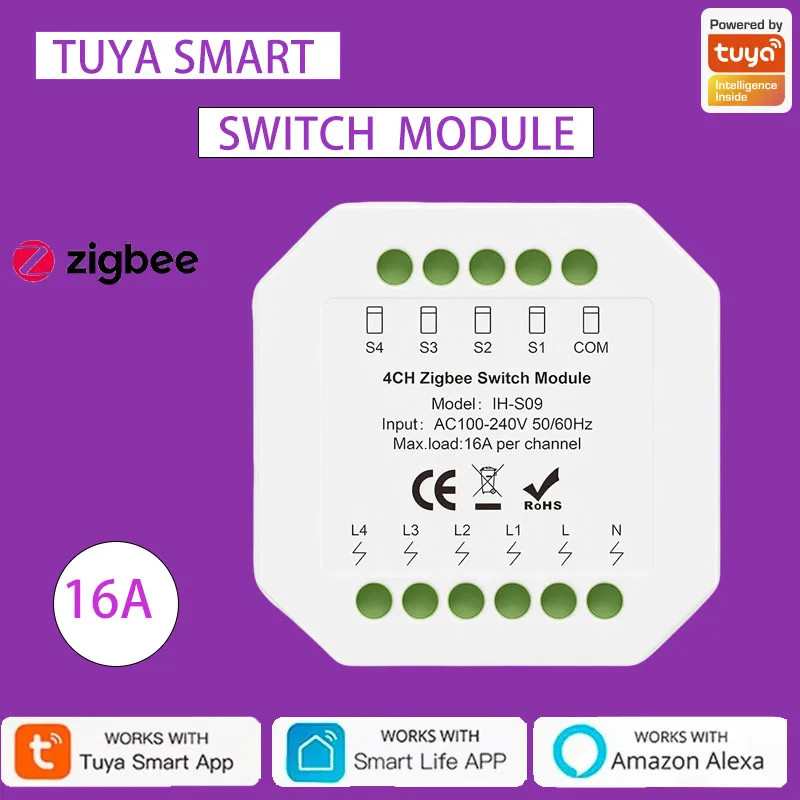 Tuya Zigbee 4 Channel Smart Switch 16A Per Channel, Single Fire No Neutral Wire DIY Module, Works with Smart Life APP/Alexa/Goog