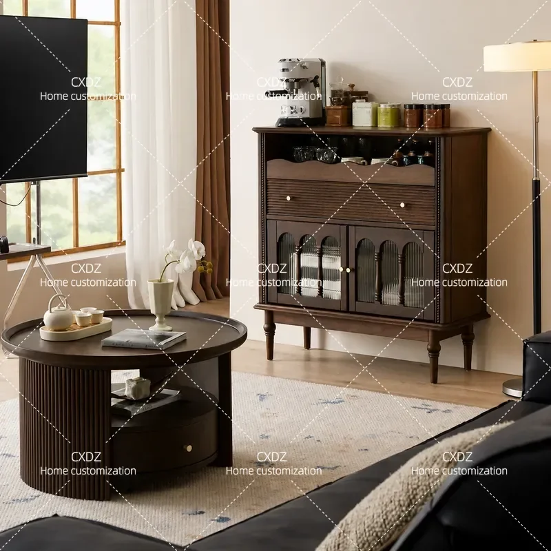 French Retro Simple Round Coffee Table Light Luxury Solid Wood Rock Slab Tea Table for Small Apartment Living Room Household