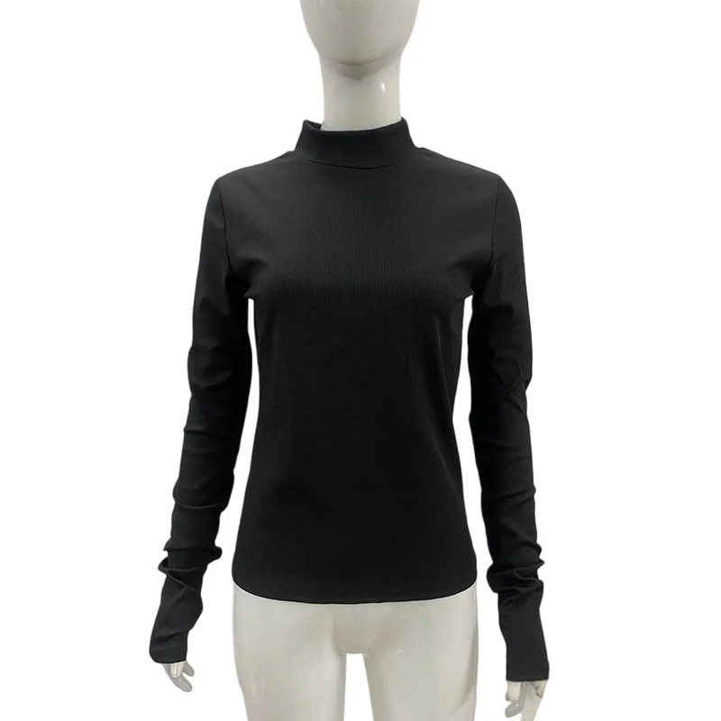 Women Black Ribbed Mock Neck Long Sleeve Top Slim Fit Stretch Basic Tee Minimalist Solid Color Casual Soft Fitted Daily Wear New