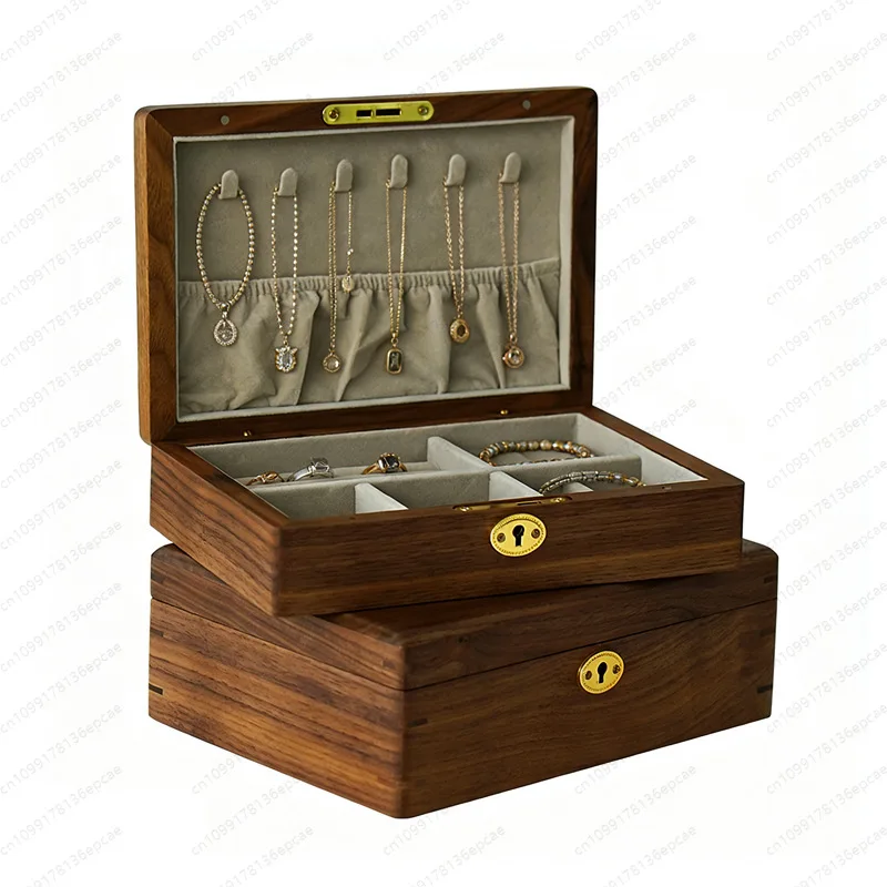 Black walnut single and double-layer jewelry storage box, high-end sense, large-capacity stud earrings, necklace, storage box