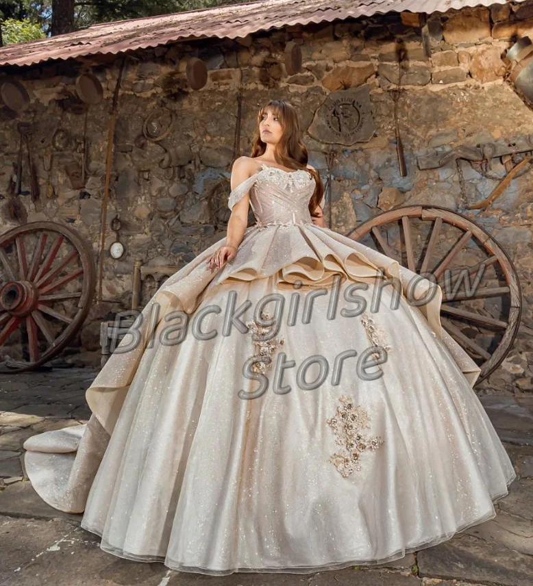 Prinzessin Champagner Quince anera Kleid Luxus träger losen Tüll Kristall Applikation Rüschen Vestidos de Fiesta Elegantes Para Mujer2024